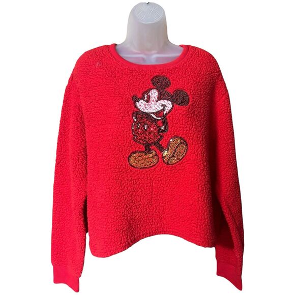 Disney Sequin Classic Mickey Mouse Red Sherpa Cropped Sweatshirt Sz XXL Cozy - Picture 1 of 9